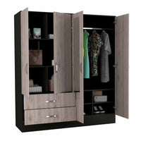 Light Oak and Black Four Door Wardrobe Closet with Mirrors