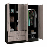 Light Oak and Black Four Door Wardrobe Closet with Mirrors