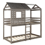 Antique Gray Twin Over Twin Bunk Bed with Roof