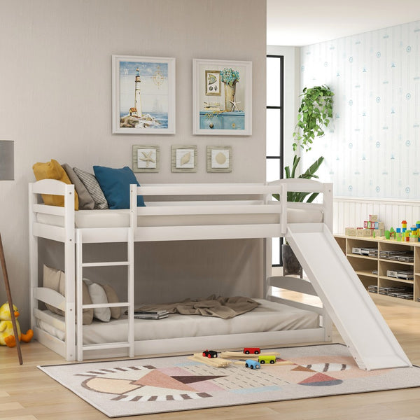 White Twin Over Twin Low Bunk Bed With Slide
