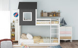 Gray and White Twin Over Twin Low Bunk Bed with House Roof and Window