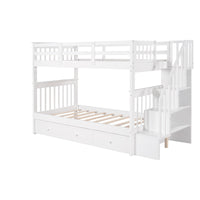 White Twin Over Twin Bunk Bed with Stairway and Drawers