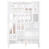 White Twin Over Twin Bunk Bed with Stairway and Drawers