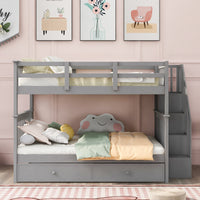 Gray Full Over Full Bunk Bed with Stairway Drawers and Trundle