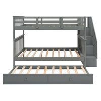 Gray Full Over Full Bunk Bed with Stairway Drawers and Trundle