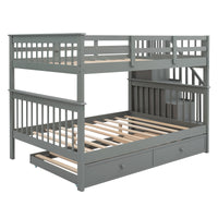 Gray Full Over Full Bunk Bed with Stairway Drawers and Trundle