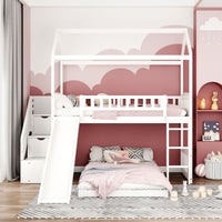 White Twin Over Twin PlayHouse Perpendicular Bunk Bed with Slide