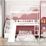 White Twin Over Twin PlayHouse Perpendicular Bunk Bed with Slide