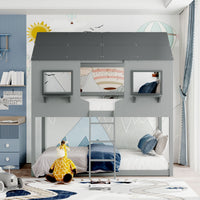 Gray and Dark Gray Twin Over Twin Doll House Bunk Bed