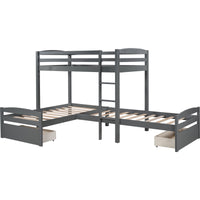 Gray L Shaped Triple Bunk Bed with Drawers