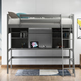 Gray Twin Size Loft Bed with Desk and Shelves