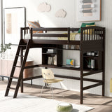 Brown Twin Size Loft Bed with Desk and Shelves