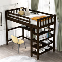 Espresso Twin Size Wood Loft Bed with Storage Shelves and Desk