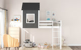 Gray and White Twin Size Loft Bed with House Roof and Window