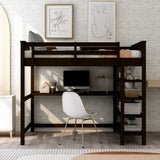 Espresso Full Size Wood Loft Bed with Storage Shelves and Desk