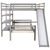 Gray Full Size Loft Bed with Shelves and Separate Twin Platform Bed