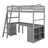 Modern Classic Gray Twin Loft Bed with Book Shelf  Desk and Cabinet