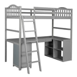 Modern Classic Gray Twin Loft Bed with Book Shelf  Desk and Cabinet