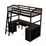 Modern Classic Dark Brown Twin Loft Bed with Book Shelf  Desk and Cabinet