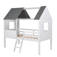 Gray and White Twin Size Loft House Bed with Side Windows