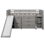 Gray Twin Size Low Loft Bed With Cabinets and Slide