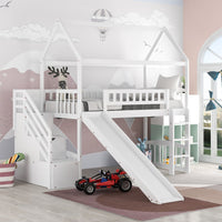 White Twin Size Playhouse Loft Bed With Drawers and Slide