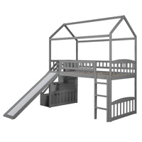 Gray Twin Size Playhouse Loft Bed With Drawers and Slide