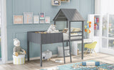 Playhouse Gray Twin Size Loft Bed with Roof