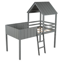 Playhouse Gray Twin Size Loft Bed with Roof