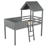 Playhouse Gray Twin Size Loft Bed with Roof