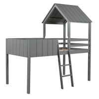 Playhouse Gray Twin Size Loft Bed with Roof