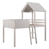 Playhouse Whitewash Twin Size Loft Bed with Roof