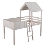 Playhouse Whitewash Twin Size Loft Bed with Roof