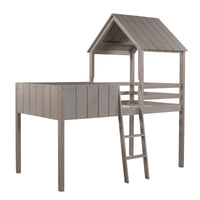 Playhouse Graywash Twin Size Loft Bed with Roof
