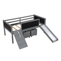 Climbing Frame Gray Twin Size Loft Bed with Slide and Storage Boxes