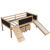 Climbing Frame Natural Twin Size Loft Bed with Slide and Storage Boxes