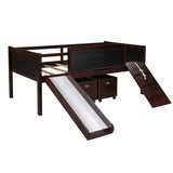 Climbing Frame Dark Brown Twin Size Loft Bed with Slide and Storage Boxes