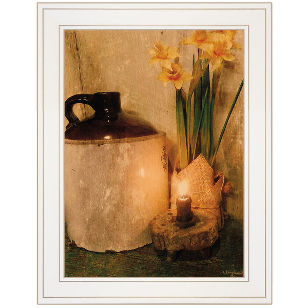 Rustic Daffodils by Candlelight White Framed Print Wall Art