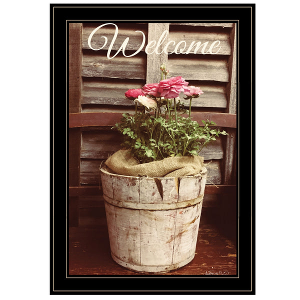 Rustic Welcome Roses Black Framed Print Wall Art