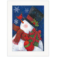 Cheery Snowman With Present White Framed Print Wall Art