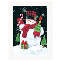 Plaid Top Hat Snowman White Framed Print Wall Art