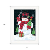 Plaid Top Hat Snowman White Framed Print Wall Art