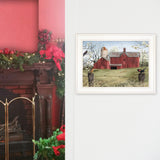 Rustic Red Barn and Birds White Framed Print Wall Art