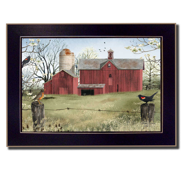 Rustic Red Barn and Birds Black Framed Print Wall Art