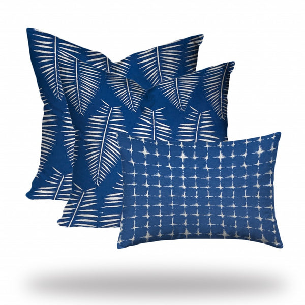 Set of 3 Blue Leaf Indoor Outdoor Zippered Pillow Covers