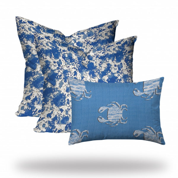 Set of 3 Blue Crab Indoor Outdoor Zippered Pillow Covers