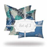Set of 3 Blue Coastal Indoor Outdoor Sewn Pillows