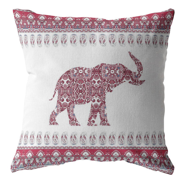 18? Red White Ornate Elephant Zippered Suede Throw Pillow