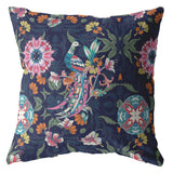 18" Navy Pink Peacock Zippered Suede Throw Pillow
