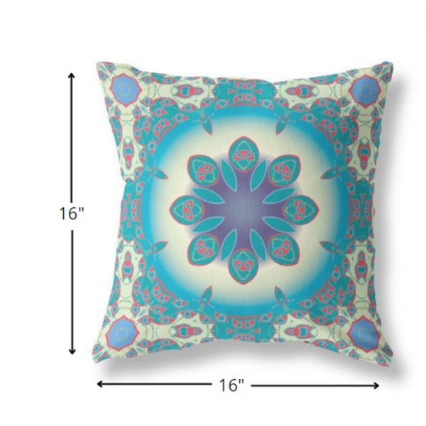 16" Blue Cream Jewel Indoor Outdoor Zippered Throw Pillow